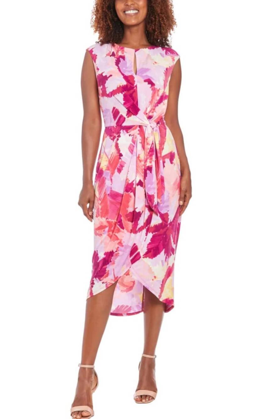 NEW LONDON TIMES cap sleeve multi print midi dress in pink orchid